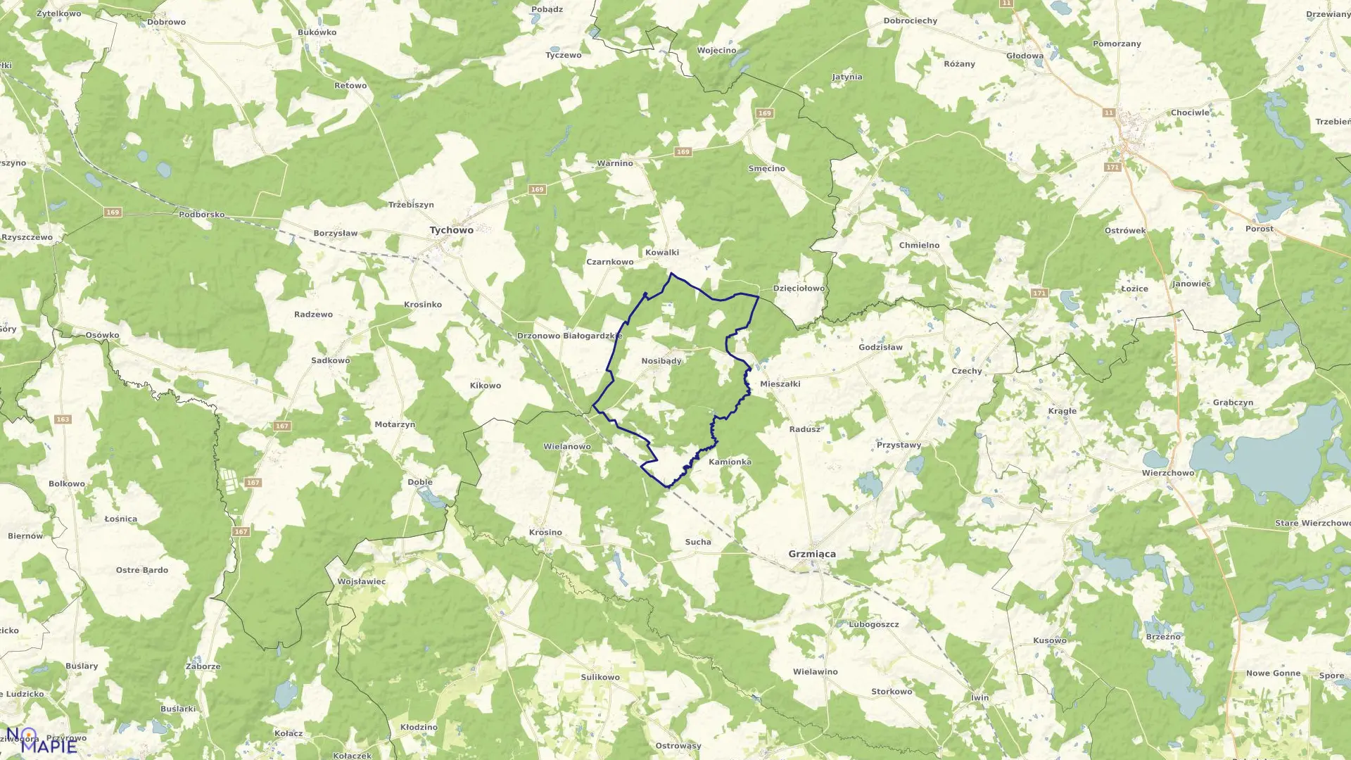 Mapa obrębu Nosibądy w gminie Grzmiąca